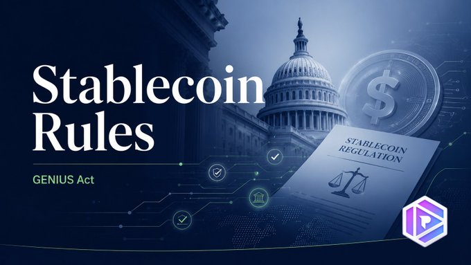 A graphic titled 'Stablecoin Rules - GENIUS Act' showing the U.S. Capitol building alongside a coin and a document labeled 'Stablecoin Regulation'.