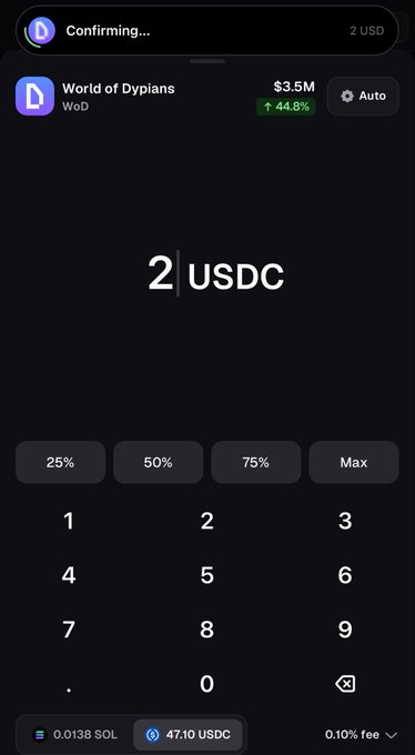 A screenshot of a cryptocurrency exchange interface showing a "Confirming..." purchase of "2 USD" worth of "World of Dyplians (WoD)", which is priced at $3.5M with a 44.8% increase.