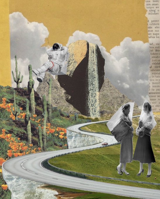 The image features a collage of various elements, including a man wearing an astronaut suit, a woman with a veil, two women walking down a road, and a waterfall. The collage also includes text that reads "Gm Funland 2/2 30 XTZ on Objkt." This suggests the photo may be related to a post about Gm Funland or a similar event.