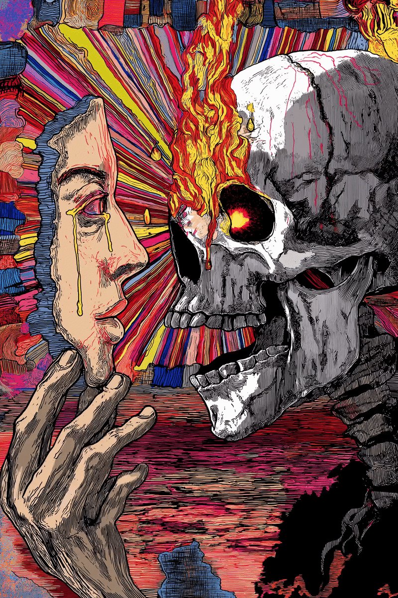 The image features a skull with red and yellow flames coming out of its mouth, accompanied by a mirror image of the same skull that is reflected in the foreground. The post also mentions the sale price for the artwork being $13.07.