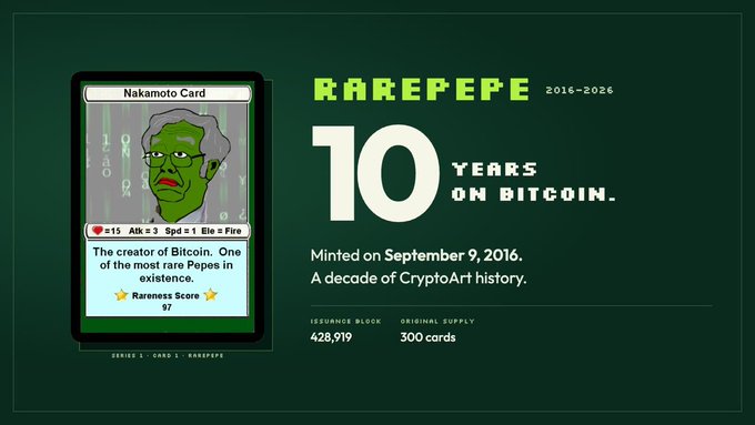 An infographic celebrating 'RAREPEPE 10 YEARS ON BITCOIN' (2016-2026), featuring a 'Nakamoto Card' minted on September 9, 2016, with an issuance block of 428,919 and original supply of 300 cards.
