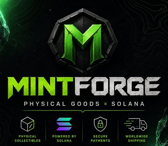 A promotional graphic for MintForge featuring a green metallic M logo on a dark background, advertising physical goods x Solana with icons indicating physical collectibles, Solana-powered, secure payments, and worldwide shipping.