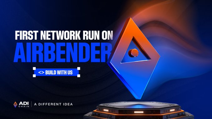 The image features a poster with an eye-catching design of a diamond shape floating above a black background. The text "First network run on Airbender" is written at the top, while "ADI Chain" is displayed below the diamond shape. Below these texts, there are two lines of text that read "Build with us" and "focus on what matters to institutions". These lines emphasize the importance of collaboration between networks and institutions for a successful project like the one being discussed in the image.