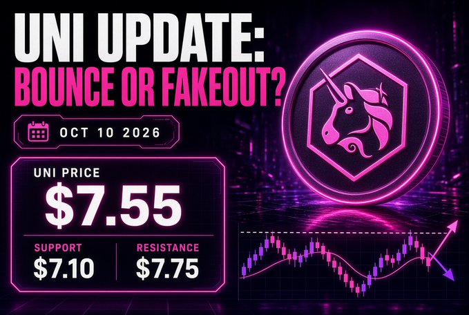 A neon-styled crypto market update graphic titled 'UNI UPDATE: BOUNCE OR FAKEOUT?' dated 'OCT 10 2026' showing a Uniswap logo, a UNI price of $7.55, support at $7.10, and resistance at $7.75 alongside a candlestick chart.