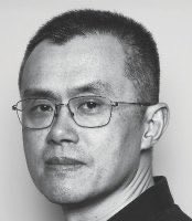 Black-and-white headshot of a bespectacled man with short hair, likely Changpeng Zhao ("CZ"), Binance's founder, paired with a post advising a long-term yearly investment horizon and warning against bottom-calling the market.