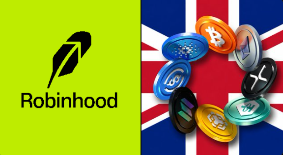 The image shows the Robinhood logo on a lime green background on the left, alongside a circular arrangement of 3D cryptocurrency coins (including Bitcoin, Ethereum, Solana, Cardano, and XRP) displayed over a Union Jack flag on the right, visually announcing the platform's UK crypto trading launch.