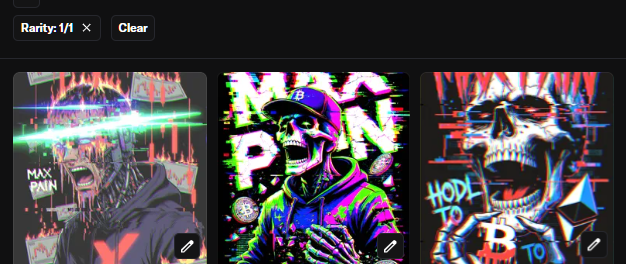 Three vibrant digital glitch-art style illustrations featuring characters with text including 'MAX PAIN', 'HOODLUM', and 'HODL' displayed in a rarity filter interface.