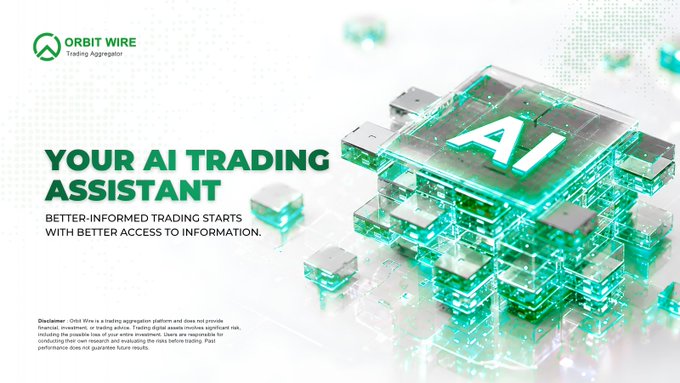 An advertisement for 'ORBIT WIRE' featuring the text 'YOUR AI TRADING ASSISTANT' alongside a digital graphic of an AI processor.