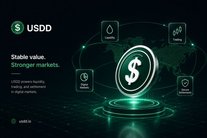 A promotional graphic for "USDD" cryptocurrency with the tagline "Stable value. Stronger markets," highlighting features like Liquidity, Trading, Digital Markets, and Secure Settlements on a green world-map background.