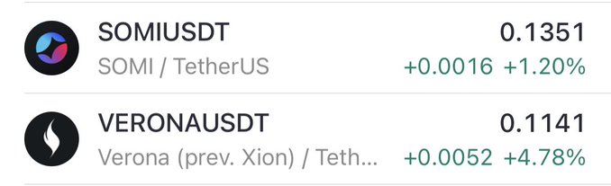 Cryptocurrency price listings showing SOMIUSDT at 0.1351 (+1.20%) and VERONAUSDT at 0.1141 (+4.78%).
