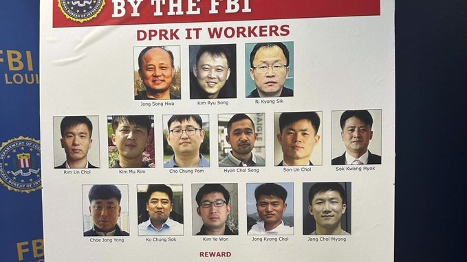 An FBI 'Wanted by the FBI' poster displaying photos of DPRK IT Workers with names including Jong Song Hwa, Kim Ryu Song, and others, marked 'REWARD' at the bottom.