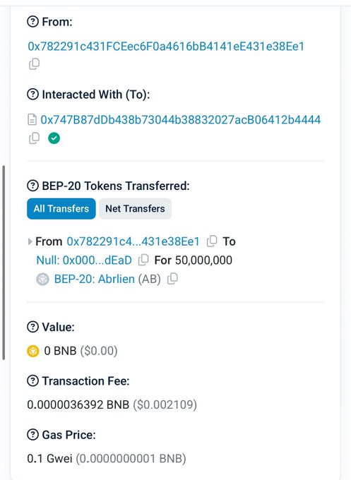 A blockchain transaction screenshot showing 50,000,000 BEP-20 Abrilen (AB) tokens sent to a burn address (Null: 0x000...dEaD) from wallet 0x782291c431FCEec6F0a4616bB4141eE431e38Ee1, with a transaction fee of 0.0000036392 BNB ($0.002109). This visually confirms the post's claim of burning 50 million AB tokens as part of a 5% burn contributing to a 30% total burn.
