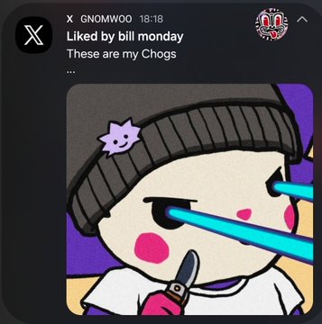A tweet/X post screenshot showing the text 'Liked by bill monday / These are my Chogs' above a cartoon character with blue laser beams shooting from its eyes, holding a knife, wearing a beanie and cat pin.