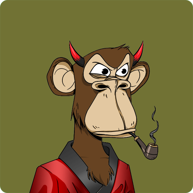 The image features an anthropomorphized cartoon monkey with long hair, a mustache, and horns, wearing a red outfit and holding a pipe (pipe cleaner) in its mouth. The monkey appears to be smiling at something or someone behind it. The poster says that the monkey was bought for 10.5 ETH and is being sold on etherscan.io by Monke: opensea.io/collection/bor, indicating that it might be part of a collection or storehouse of merchandise.