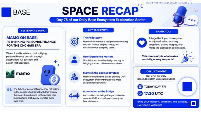 Base Space Recap Day 76 featuring Mamo, a personal finance platform on Base, with key takeaways about its philosophy, user experience, ecosystem role, and automation capabilities.