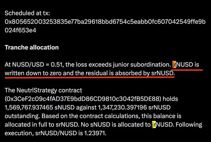 The image displays a tranche allocation report from Neutrl showing that at a NUSD/USD rate of 0.51, the junior tranche (NUSD) was written down to zero, with losses absorbed by the senior tranche (srNUSD), resulting in a srNUSD/NUSD ratio of 1.23971. This illustrates the post's warning about the inherent risk of junior tranches in crypto, which are designed to be wiped out first during losses.