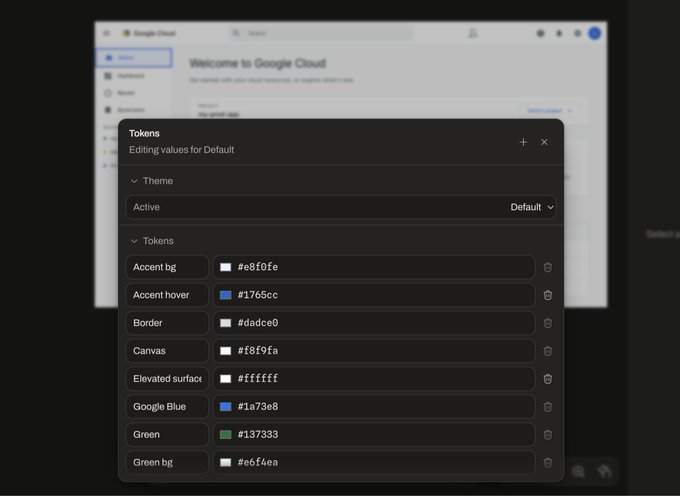 A Google Cloud interface displaying a Tokens editing panel with various color values including Accent bg #e8f0fe, Border #dadce0, Canvas #f8f9fa, and Elevated surface #ffffff.