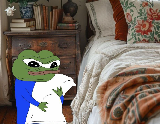 A Pepe the Frog meme character standing in a bedroom, holding a pillow with a grumpy expression, next to a wooden nightstand and a bed with floral pillows.