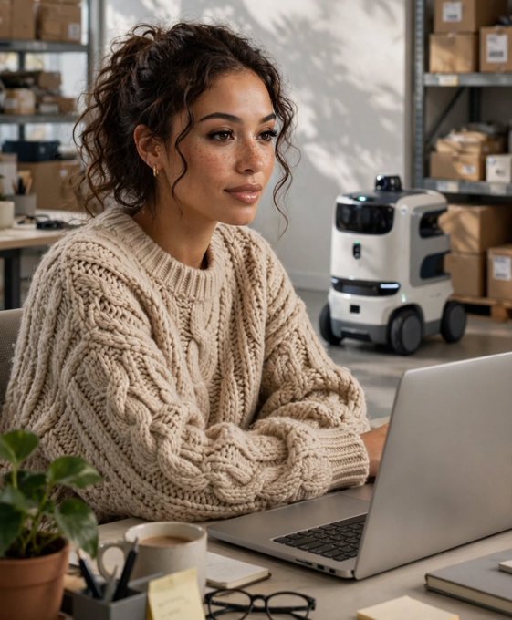 A woman in a cream cable-knit sweater works at a laptop in a warehouse-like office, with shelves of boxes and a small delivery robot behind her.