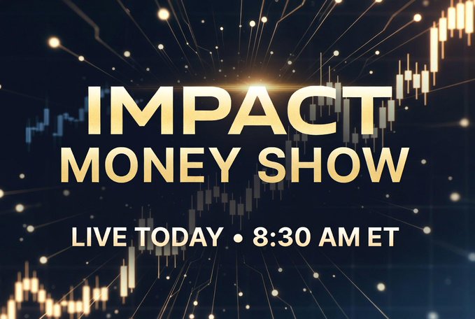 Promotional graphic for the "Impact Money Show" airing live at 8:30 AM ET, featuring bold gold text against a dark background with candlestick charts and glowing light effects to evoke a financial markets theme. The image visually reinforces the post's announcement of the live broadcast hosted by Bruce Porter Jr. and David Porter.
