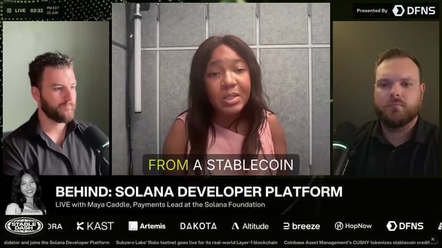 A live stream titled "BEHIND: SOLANA DEVELOPER PLATFORM" featuring Maya Caddie, Payments Lead at the Solana Foundation, discussing the trillions of dollars moved on Solana last year, with the on-screen caption reading "FROM A STABLECOIN."