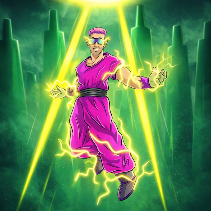 A vibrant illustration depicts a pink-haired anime-style character in a magenta martial arts outfit with glowing sunglasses, floating in a heroic pose surrounded by bright yellow lightning against a green sci-fi cityscape.