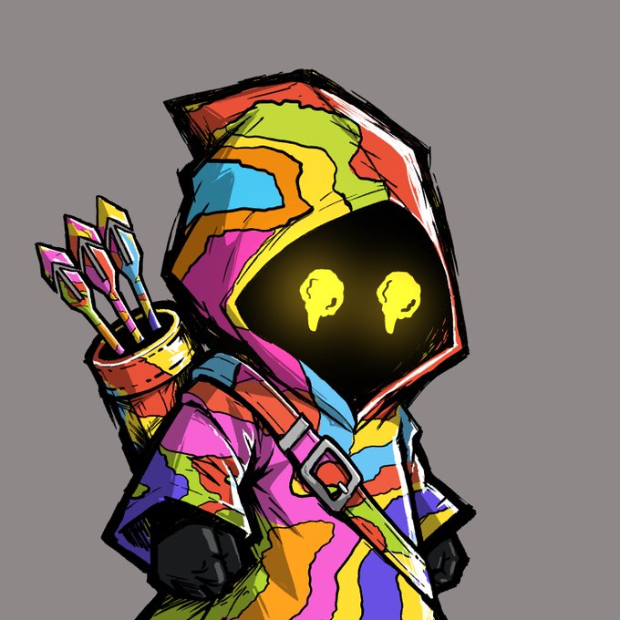 A hooded archer character with glowing yellow eyes and a multicolored rainbow-patterned cloak carries a quiver of arrows on their back, complementing the cheerful "gm" (good morning) greeting with a vibrant, optimistic vibe.