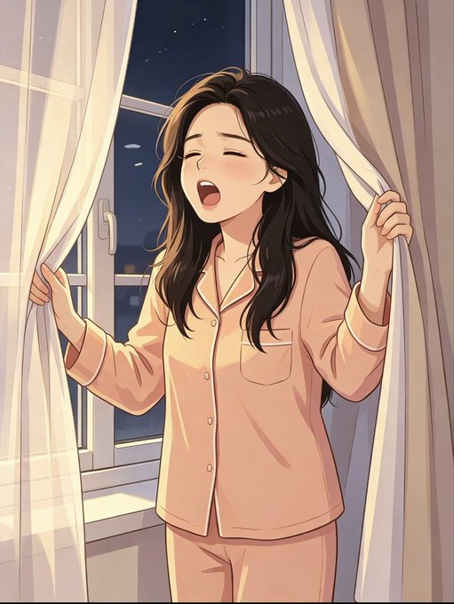 An anime-style illustration of a young woman with long dark hair, wearing beige pajamas and yawning widely while standing by an open window at night.