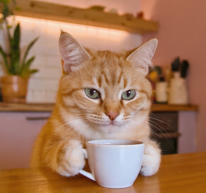 A close-up photograph of an orange tabby cat sitting at a wooden table, resting its paws on a white ceramic coffee mug.