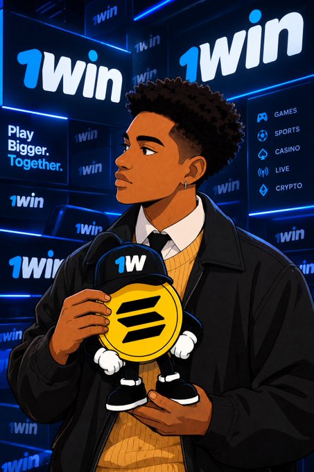 A stylized illustration shows a young man holding a "1W" branded cap and a Solana (SOL) coin mascot, set against a vibrant backdrop filled with repeating "1win" logos and menu options like "GAMES," "SPORTS," "CASINO," "LIVE," and "CRYPTO," along with the tagline "Play Bigger. Together." The image visually ties into the post by showcasing 1win's Solana-inspired meme branding, highlighting how the platform leverages crypto culture and trends to connect with its audience.