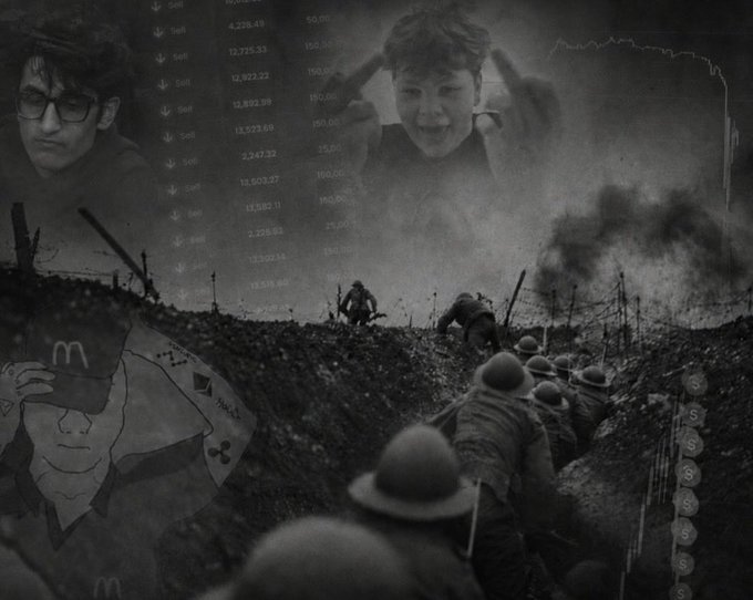 A dark, surreal collage featuring black and white imagery of soldiers in a trench, overlaid with stock market numbers, dollar signs, a McDonald's logo, and the faces of two young people.