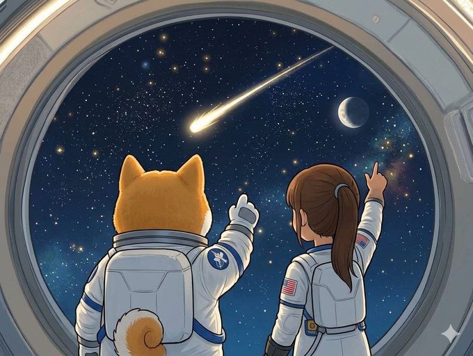 An anime-style illustration shows a Shiba Inu dog and a girl in astronaut suits pointing toward a window, gazing at a starry night sky featuring a shooting star and a crescent moon.