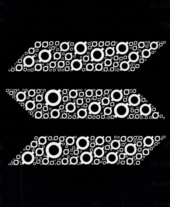 A black graphic features three stylized eye shapes formed entirely from various-sized white circles.