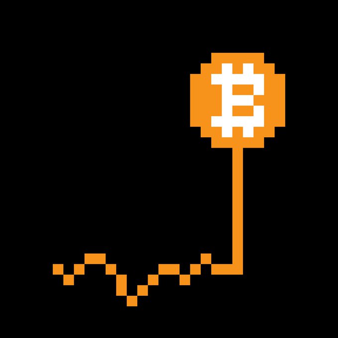 A pixel-art Bitcoin logo on a black background with an orange line trace resembling a stock chart pattern ending at the Bitcoin symbol.