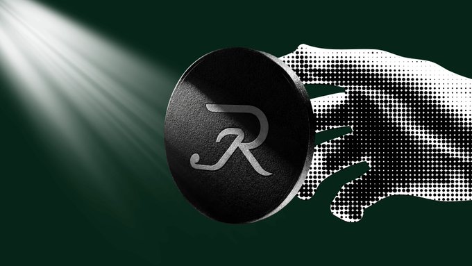 A black coin featuring a stylized 'R' logo is held by a halftone-dotted white hand against a dark green background, illuminated by a beam of light from the upper left.