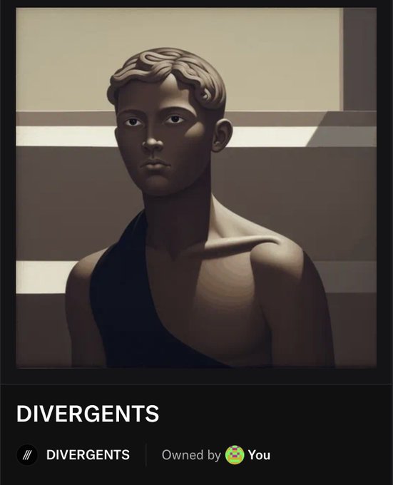 A newly minted "DIVERGENTS" NFT owned by "You" featuring a digital sculpture of a figure with classical features in a stylized, monochromatic palette, reflecting the poster's enthusiasm for the Divergents project.