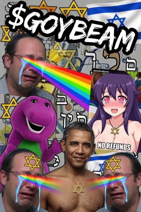 This image is a chaotic meme collage featuring various antisemitic tropes, including political figures, religious symbols, and internet subculture characters, overlaid with the large text "$GOYBEAM." The imagery serves as a satirical and offensive promotional graphic for a cryptocurrency, linking the term "Goybeam" to a perceived "deal" mentioned in the accompanying post.