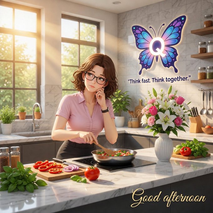 The image features a woman wearing glasses standing at a kitchen counter with various ingredients for cooking. She appears to be preparing food or possibly cleaning up after a meal. The background includes a butterfly decoration, which adds an artistic touch to the scene. The text "Good afternoon everyone" is also present in the image.