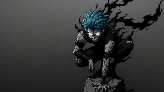 A dark, stylized digital illustration of a crouching anime character with spiky blue hair and glowing white eyes, surrounded by jagged black tendrils of shadow energy against a gray background.