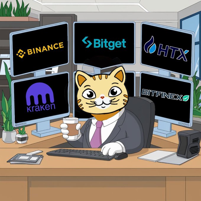 The image features a cartoon cat sitting at a desk with a computer monitor behind him. The cat has a suit on and is holding a cup of coffee while looking directly at the camera. There are five computer monitors surrounding the cat, each displaying different logos related to cryptocurrency companies such as Bitcoin, Bitget, Kraken, HFTX, and Bittrex. The image also includes text that reads "3 DAYS LEFT.. Monacoin $MONA Airdrop Campaign AIRDROP LINK: Monacoin.xyz Participation: Like + Repost Comment your Solana (($SOL) address 2500 wallets selected randomly reward: 250,000 distribution until June 17, 2026".