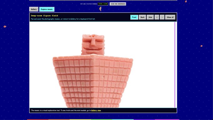 A webpage from 'Artnome' showing a 3D-printed pink sculpture being described as a 'Deep-zoom figure field' in a comparison titled 'GAN 2500'.