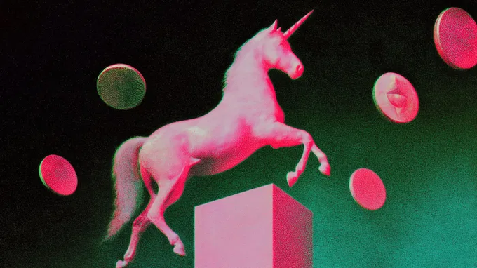 A pink unicorn leaps atop a pedestal surrounded by floating circular icons against a dark, grainy background, visually evoking the "unicorn" motif central to crypto industry narratives. The surreal, meme-like imagery complements the post's themes of hope and restored belief in DeFi and Ethereum, contrasting with the cynical "nihilist crypto narrative" mentioned in the caption.