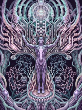 A symmetrical, psychedelic digital artwork featuring a central humanoid figure surrounded by intricate sacred geometry, circuit board patterns, and pastel-colored fractal elements in purple and teal.