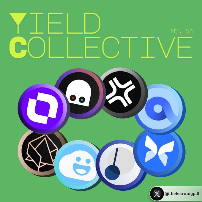 A green promotional graphic titled 'YIELD COLLECTIVE NO. 56' showcases various cryptocurrency project logos with the handle '@thelearningpill'.