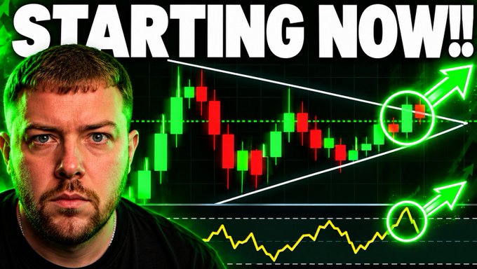 The image features a YouTube thumbnail with the bold text "STARTING NOW!!" at the top, showing a man alongside a Bitcoin candlestick chart displaying an ascending triangle pattern breakout signal, visually illustrating the post's excitement over a "mega signal" flashing for BTC.