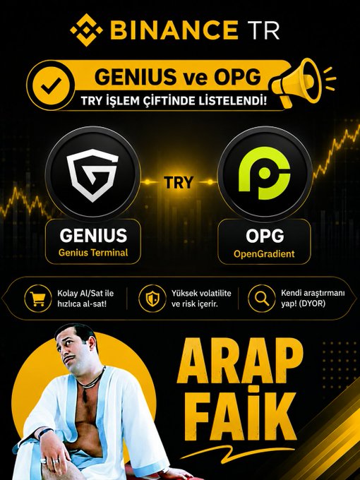 The image features a man wearing a white robe, sitting down with his legs crossed. The background of the image is black, which contrasts with the yellow text that reads "ARAP FAK". Below this, there are two logos - one for GENIUS and another for OPG. These logos represent projects related to artificial intelligence and blockchain technology on Binance TR.