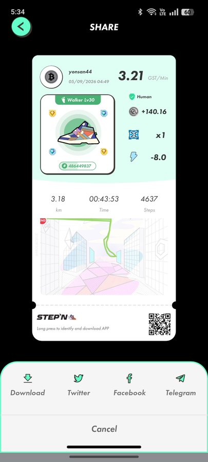 A mobile app screenshot from STEP'N showing a share screen for a 'Walker Lv.30' sneaker NFT with 3.21 GST/Min earnings and social sharing options including Twitter, Facebook, and Telegram.