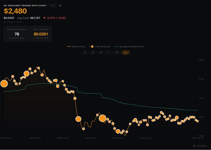 Financial dashboard showing 'MY HODLHABIT ORANGE DOTS CHART' with value $2,480, 80.0391 BTC, average cost $67,197, and a declining price chart against Bitcoin Price and Average Purchase Price lines.
