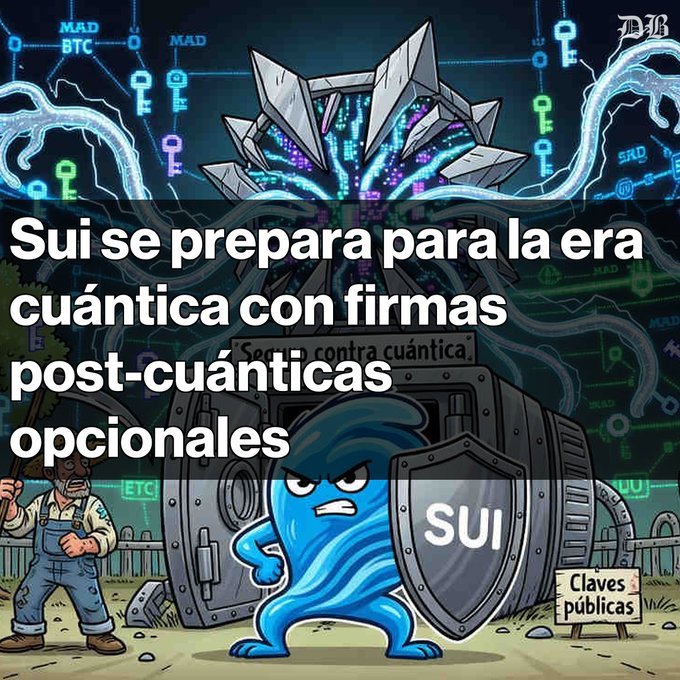 Spanish text reads 'Sui se prepara para la era cuántica con firmas post-cuánticas opcionales' (Sui prepares for the quantum era with optional post-quantum signatures), over a cartoon of a blue SUI character holding a shield labeled 'SUI' in front of a digital lock.