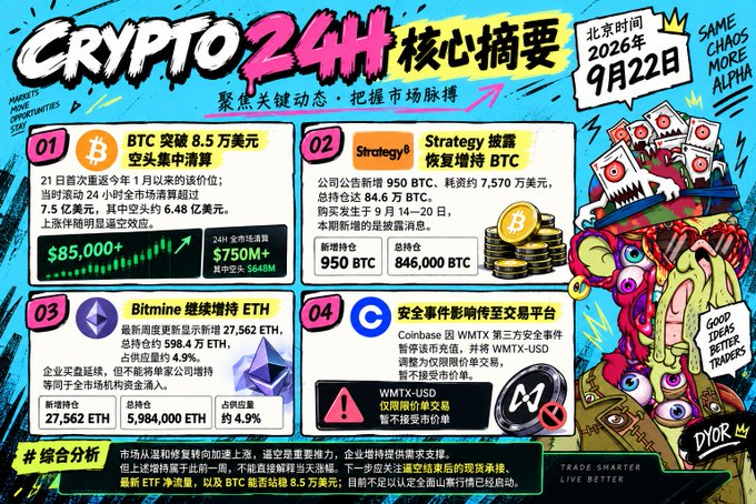 A vibrant crypto news infographic titled "CRYPTO 24H 核心摘要" dated September 22, 2026 (Beijing time), summarizing key market movements. It highlights BTC breaking through $85,000 with $750M short liquidations, Strategy adding 950 BTC (totaling 846,000 BTC), Bitmine increasing ETH holdings by 27,562 ETH, and Coinbase suspending WMTX-USD trading following a security incident.